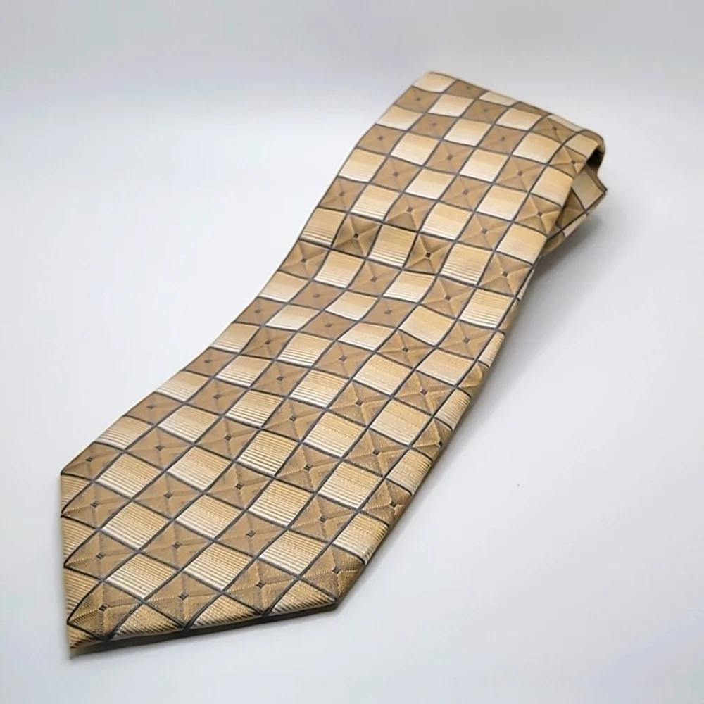 Geoffrey Beene 100% Silk Gold Tan  Geometric Checkered Men's Tie